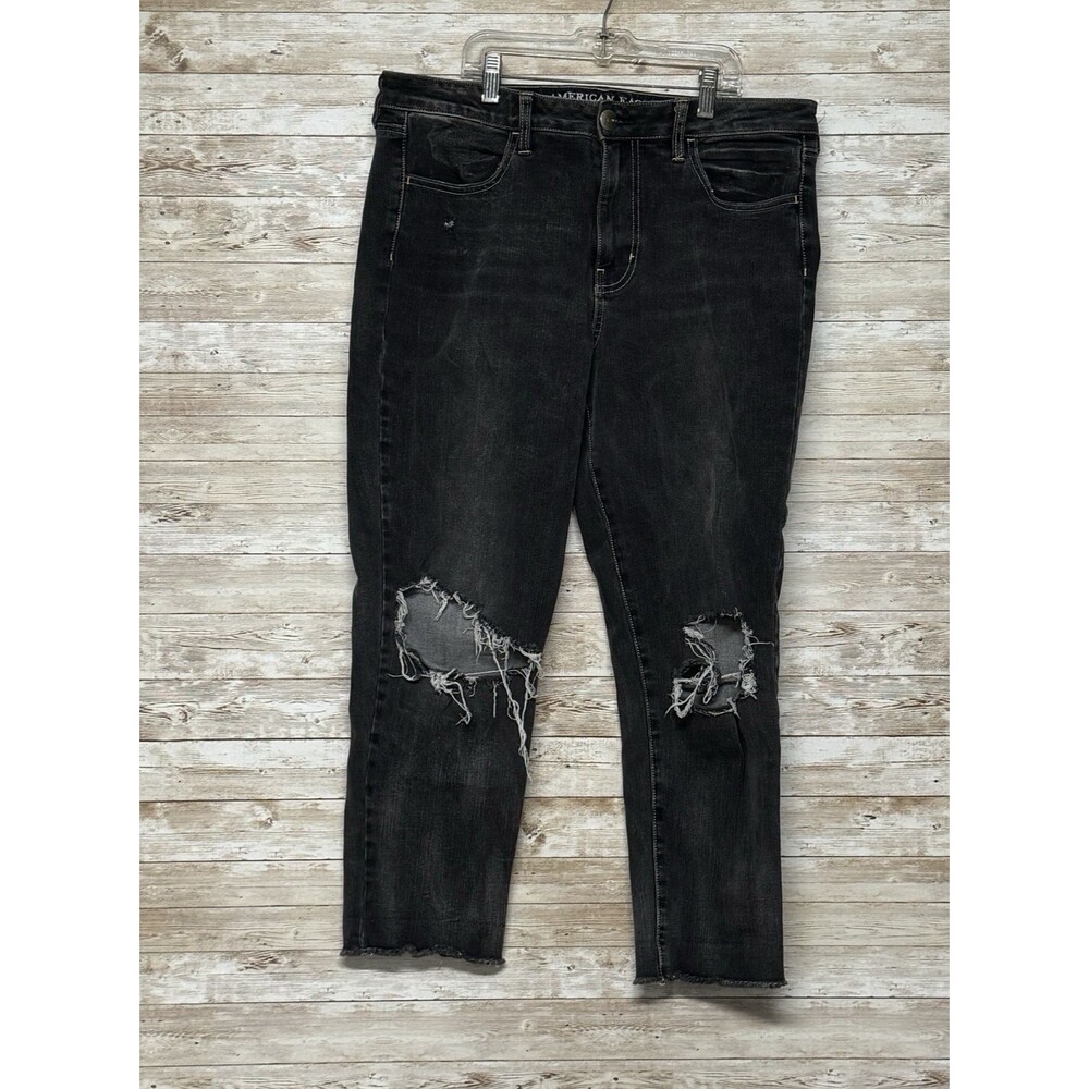 American Eagle Black Hi Rise Jegging Crop Jeans Womens 14 Regular Distressed